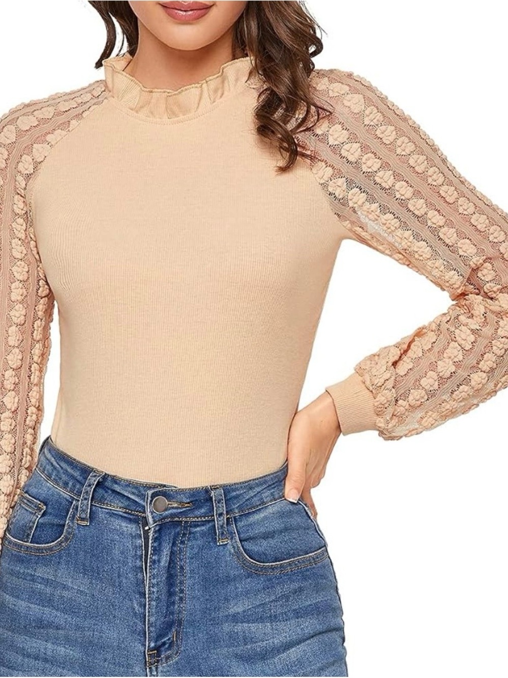 ROMWE Beige Ruffled Mock Neck Lace Sleeve Sweater Top